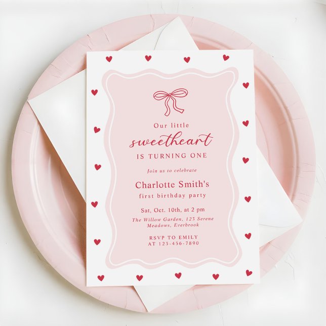 Little Sweetheart Valentine Bow 1st Birthday Invitation (Creator Uploaded)