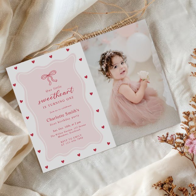 Little Sweetheart Valentine Bow 1st Birthday Photo Invitation (Creator Uploaded)