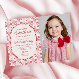 Little Sweetheart Valentine Bow 1st Birthday Photo Invitation