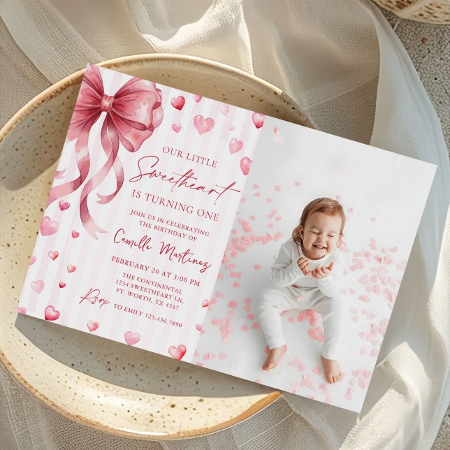 Little Sweetheart Valentine Bow 1st Birthday Photo Invitation (Creator Uploaded)