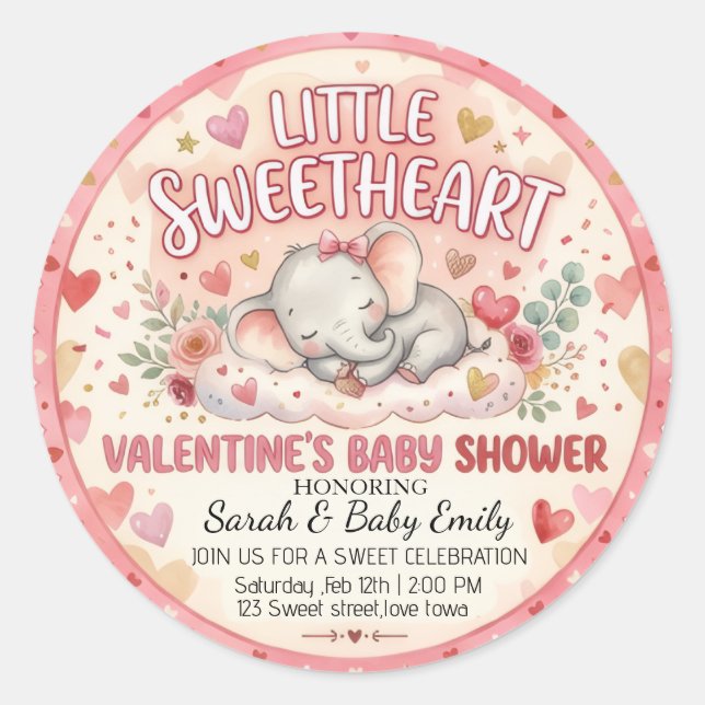 Little Sweetheart Valentine Elephant Baby Shower  Classic Round Sticker (Front)