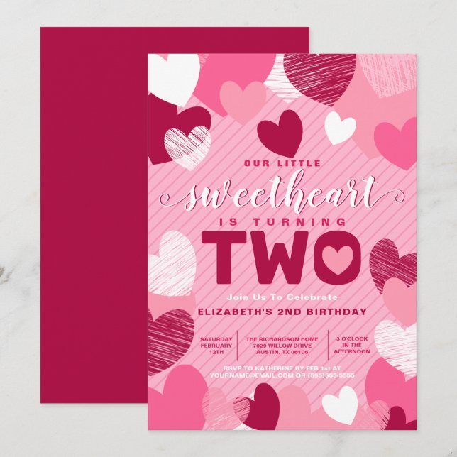  Little Sweetheart Valentine's Day 2nd Birthday Invitation (Front/Back)