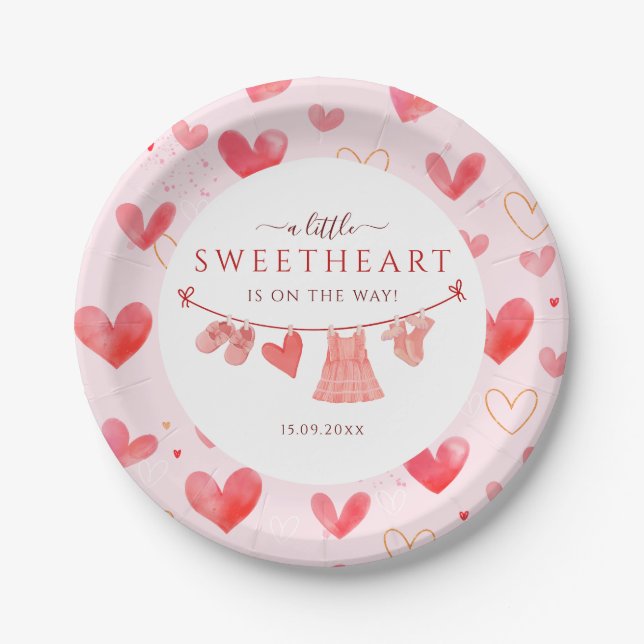 Little Sweetheart Valentines Girl Baby Shower Paper Plate (Front)