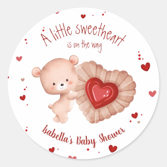 Little Sweetheart Valentines Red Heart Baby Shower Classic Round Sticker (Front)