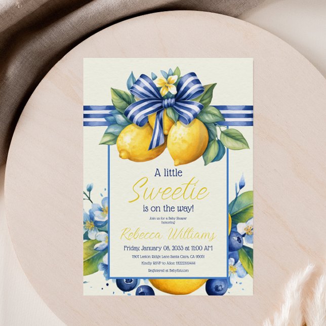 Little Sweetie Blue Bow Tile Lemon Baby Shower Invitation (Creator Uploaded)