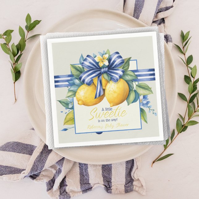 Little Sweetie Blue Bow Tile Lemon Baby Shower Napkin (Creator Uploaded)