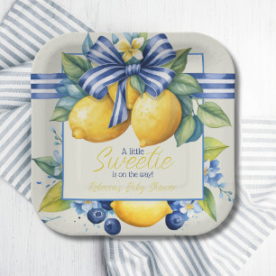 Little Sweetie Blue Bow Tile Lemon Baby Shower Paper Plate