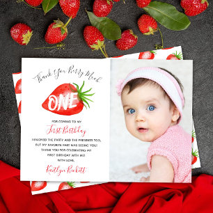 Little Sweetie Strawberry 1st Birthday Photo Thank You Card