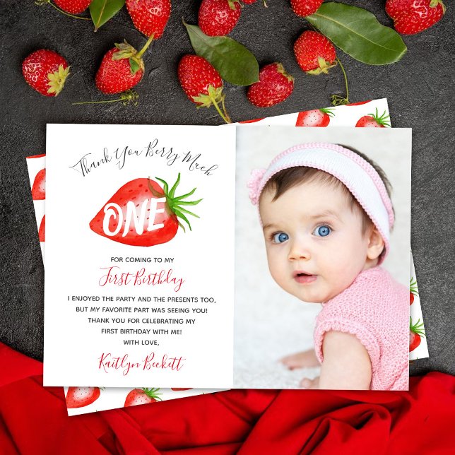 Little Sweetie Strawberry 1st Birthday Photo Thank You Card (Creator Uploaded)