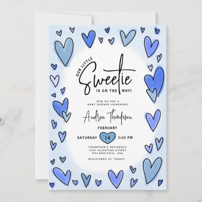 Little Sweetie Valentine Hearts Blue Baby Shower Invitation (Front)