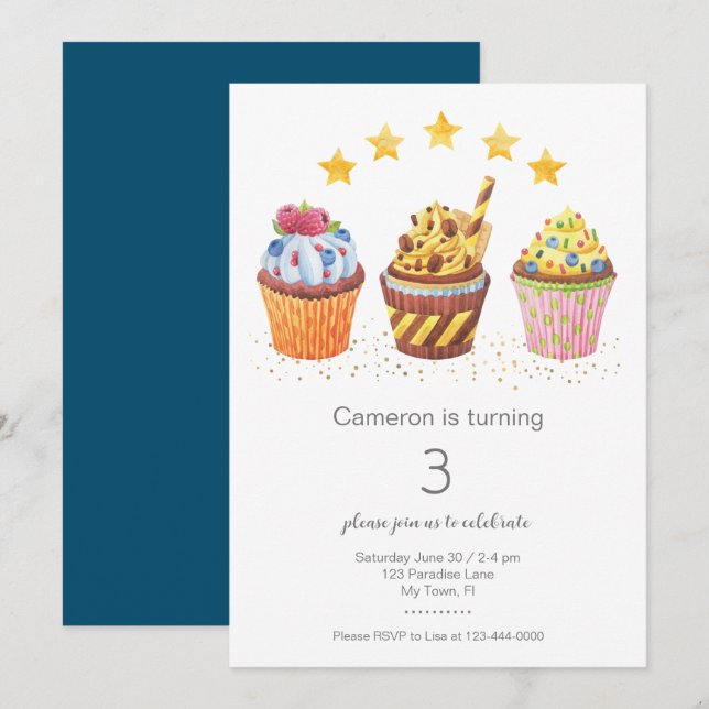 Little Sweetie Watercolor Cupcakes Birthday Party  Invitation (Front/Back)