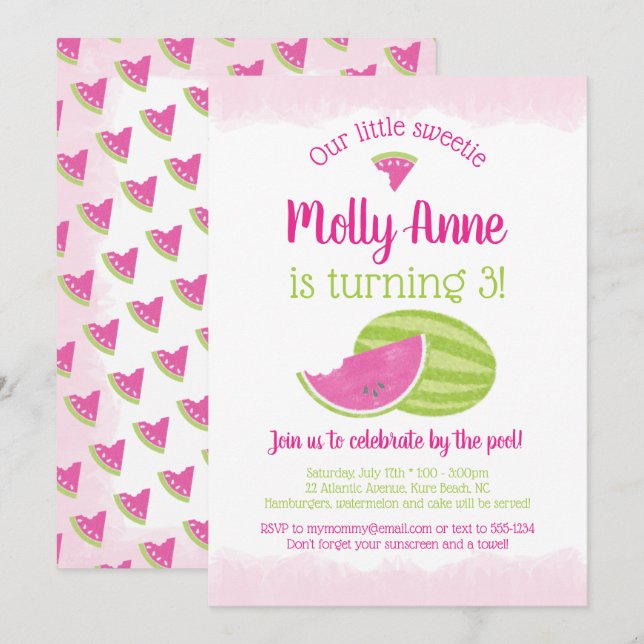 Little Sweetie Watermelon Birthday Girl Pink Green Invitation (Front/Back)