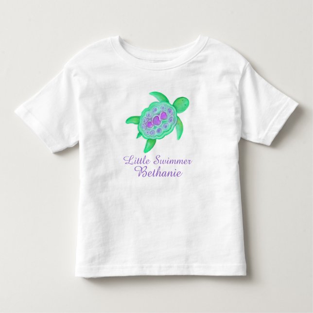 Little swimmer girls green purple turtle t-shirt (Front)