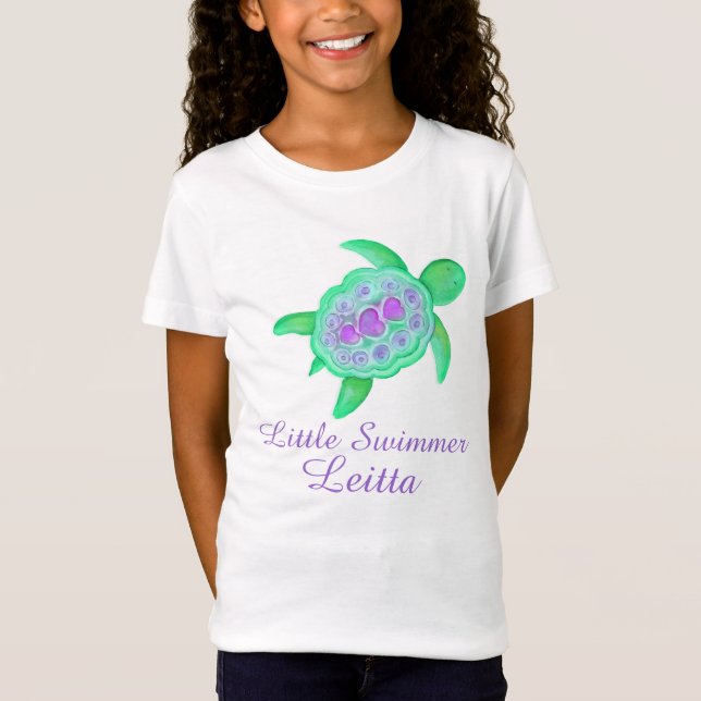 Little swimmer girls purple green turtle t-shirt (Front)