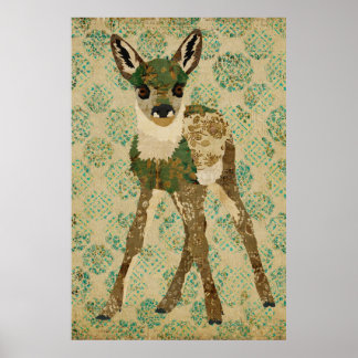 Little Teal Floral Fawn Art Poster