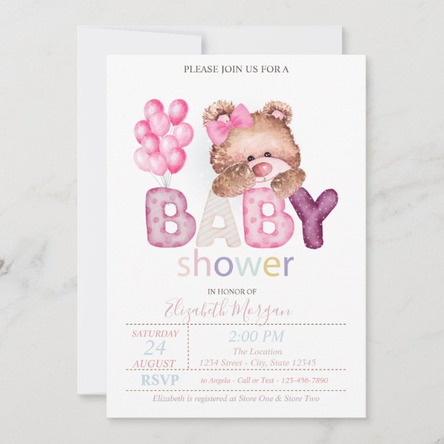 Little Teddy Bear Balloons Baby Shower Invitation (Front)