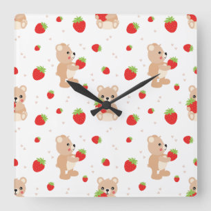 Little teddy bear with berry square wall clock