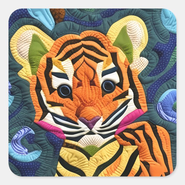 Little Tiger Cub Quilt Like Design Square Sticker (Front)