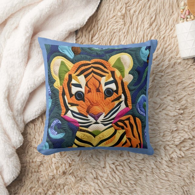 Little Tiger Cub Quilt Like Design Throw Pillow (Blanket)