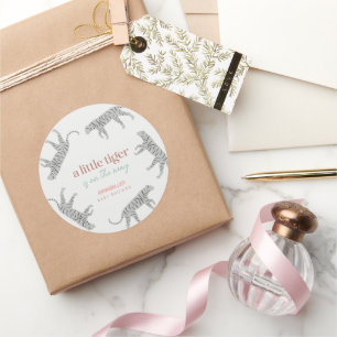 Little Tiger Modern Grey Baby Shower Classic Round Sticker