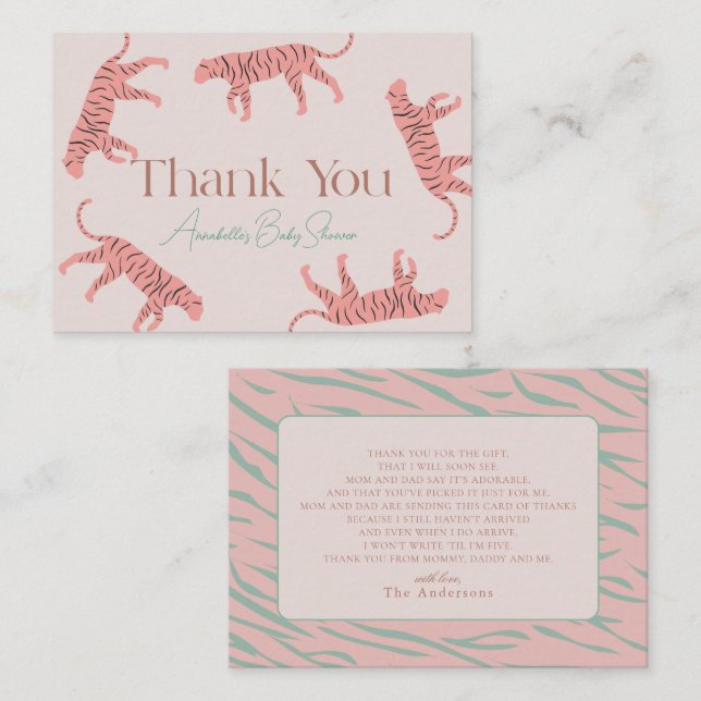 Little Tiger Pink Girl Baby Shower Thank You Card (Front/Back)