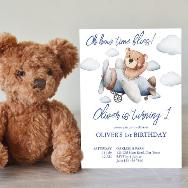Little tiny teddy pilot aeroplane birthday party invitation (Creator Uploaded)