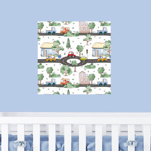 Little Town & Cars Colorful Pattern Poster