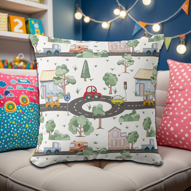 Little Town & Cars Colourful Pattern Cushion (Creator Uploaded)