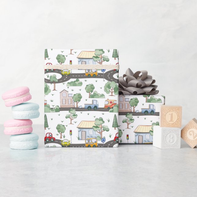 Little Town & Cars Colourful Pattern   Wrapping Paper (Baby Shower)