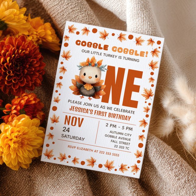 Little Turkey Autumn Thanksgiving 1st Birthday Invitation (Creator Uploaded)