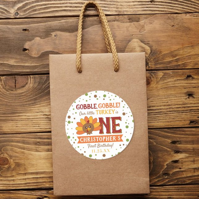 Little Turkey Fall Thanksgiving 1st Birthday Classic Round Sticker (Creator Uploaded)