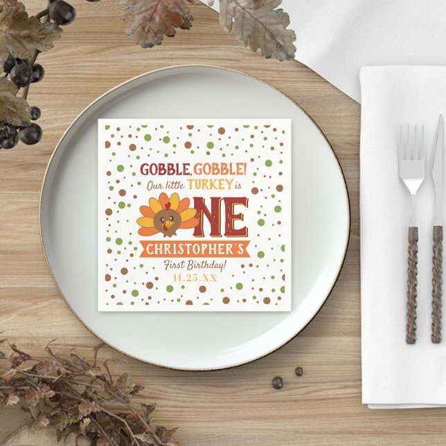 Little Turkey Fall Thanksgiving 1st Birthday Napkin (Creator Uploaded)