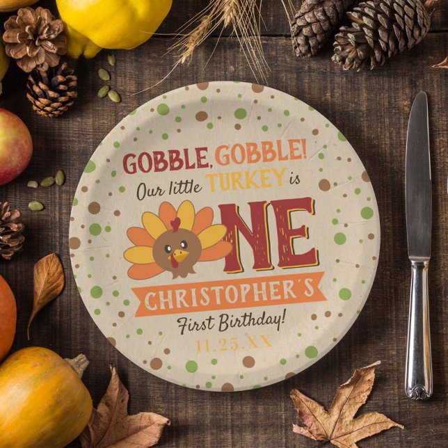 Little Turkey Fall Thanksgiving 1st Birthday Paper Plate (Creator Uploaded)