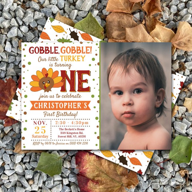 Little Turkey Fall Thanksgiving 1st Birthday Photo Invitation (Creator Uploaded)