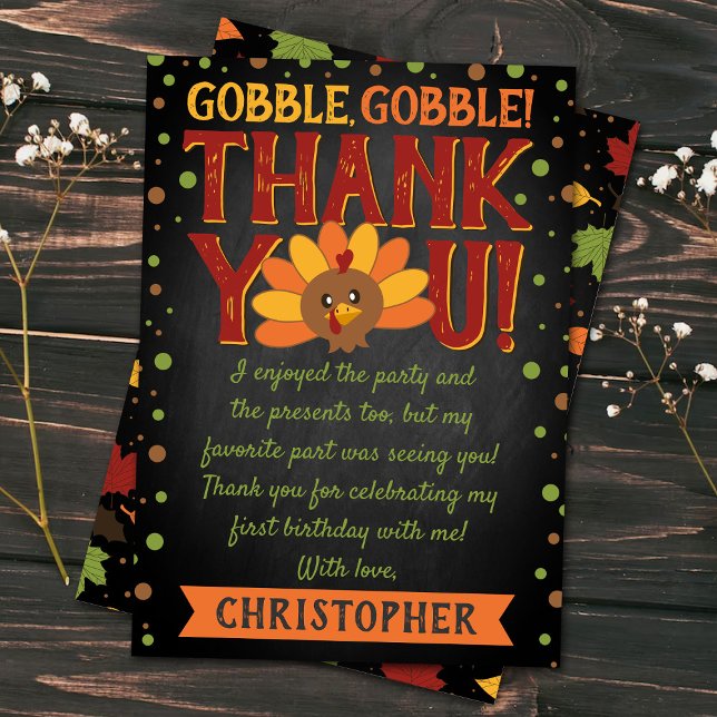 Little Turkey Fall Thanksgiving 1st Birthday Thank You Card (Creator Uploaded)