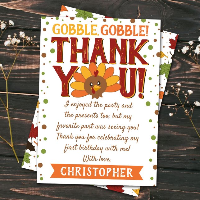 Little Turkey Fall Thanksgiving 1st Birthday Thank You Card (Creator Uploaded)