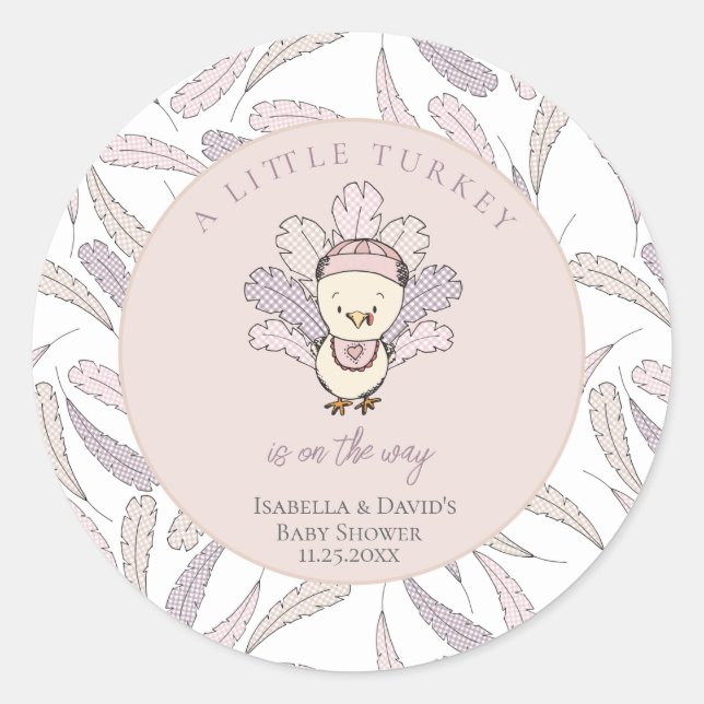 Little Turkey Feathers Autumn Girl Baby Shower Classic Round Sticker (Front)