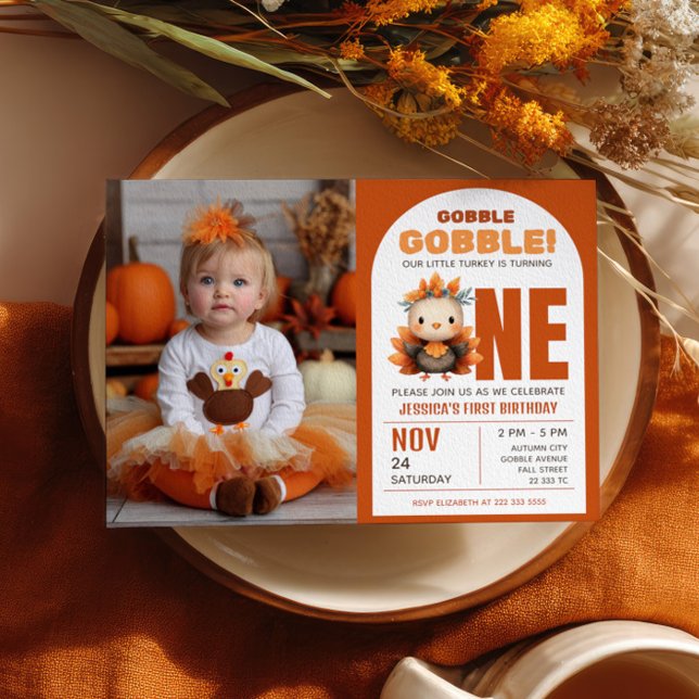 Little Turkey Thanksgiving 1st Birthday Photo Invitation (Creator Uploaded)