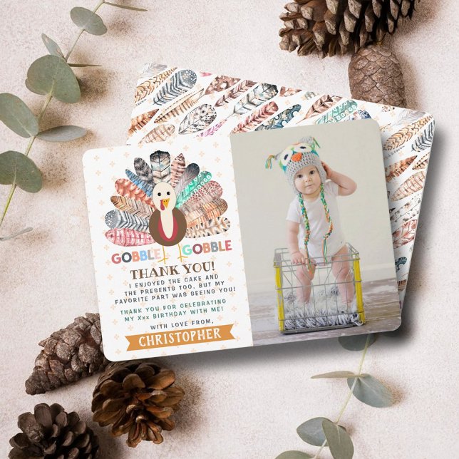 Little Turkey Thanksgiving Any Age Birthday Photo Thank You Card (Creator Uploaded)
