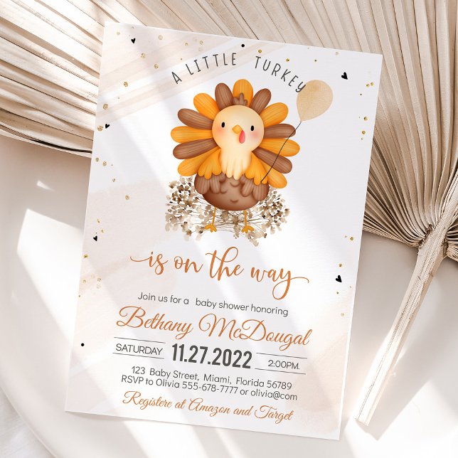 Little Turkey Thanksgiving Baby Shower Party Invitation (Little Turkey On The Way! Thanksgiving baby shower favor tags with turkey design, warm autumn colors)