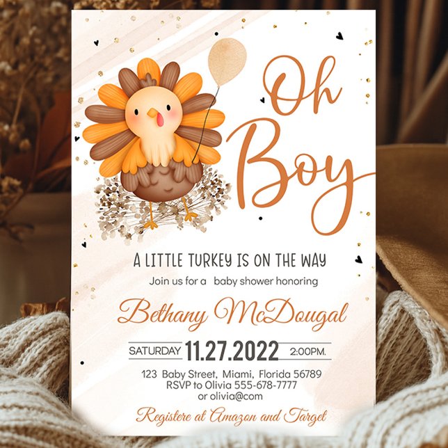 Little Turkey Thanksgiving Baby Shower Personalise Invitation (Little Turkey On The Way! Thanksgiving baby shower favor tags with turkey design, warm autumn colors)