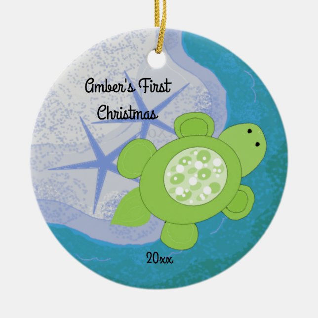 Little Turtle First Christmas Ceramic Ornament (Front)