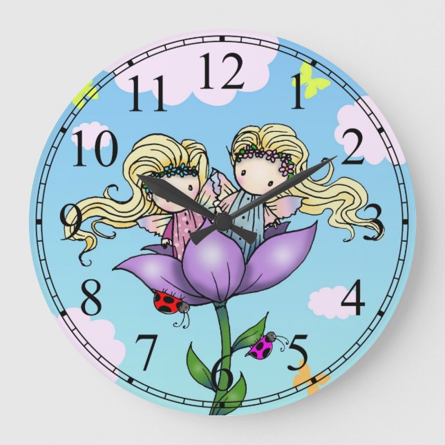 Little Twin Fairy Girls Wall Clock (Front)