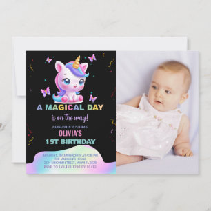 Little Unicorn Rainbow Birthday Invitations photo
