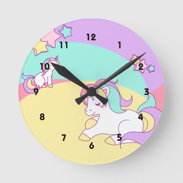 Little Unicorns in Pastel Colours Round Clock (Front)