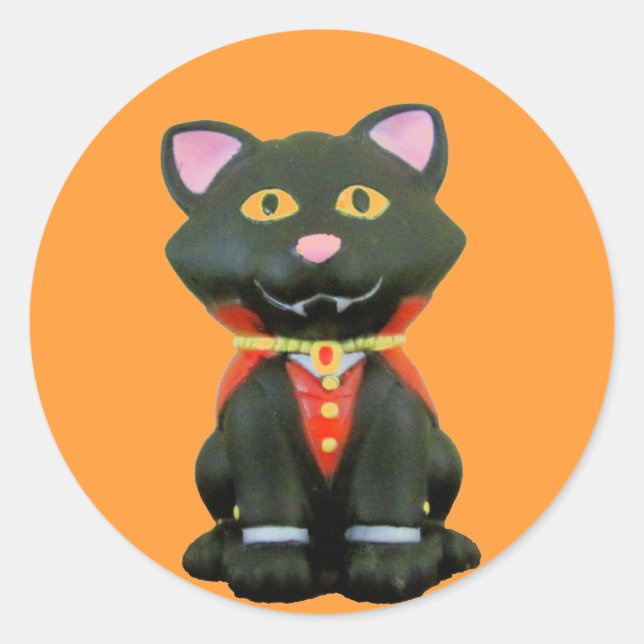 Little Vampire Cat on Orange Classic Round Sticker (Front)
