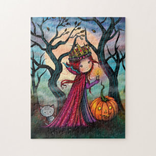 Little Vampire with Cat Halloween Art Jigsaw Puzzle