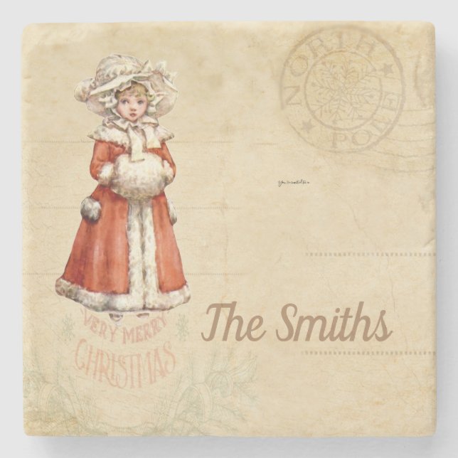 Little Victorian Caroler Custom Christmas Stone Coaster (Front)