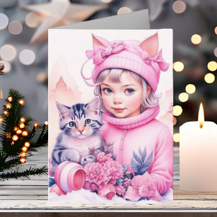 Little Vintage Girl and Sweet Kitten Christmas Card