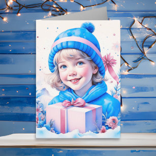 Little Vintage Girl in Blue and Pink Christmas Card